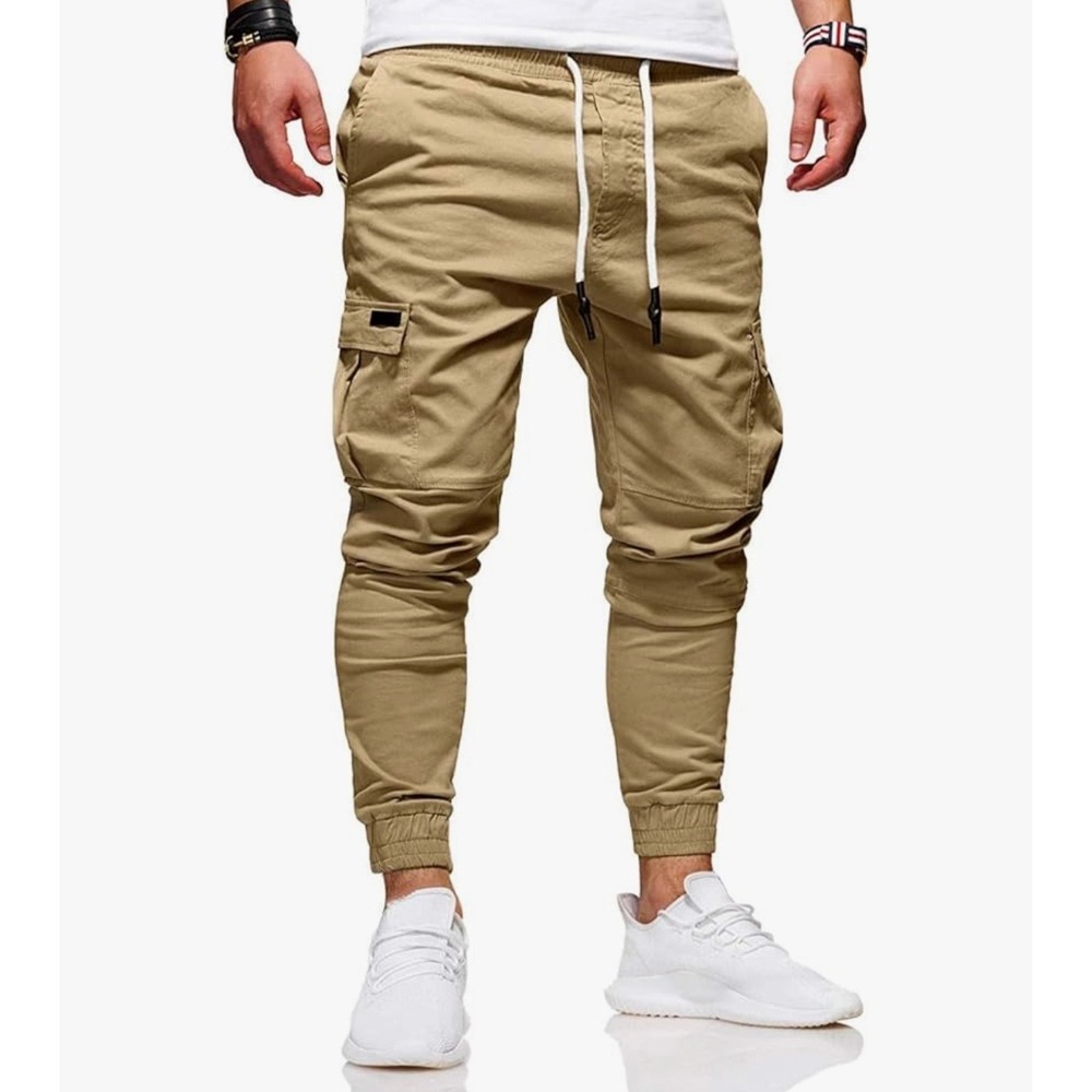 Mens‎ Khaki Cargo Jogger Pants Slim Fit Elastic Waist Utility Streetwear Tan